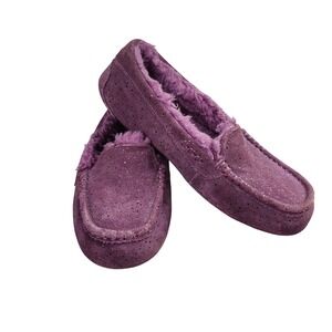 UGG Ansley Purple Suede Shearling Lined Slippers Moccasins Size 9 metallic spots